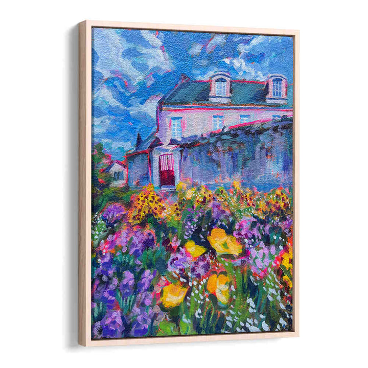FLEURS , LANDSCAPE PAINTINGS Oakwood: cottage with vibrant flowers, rolling hills and a misty morning sky