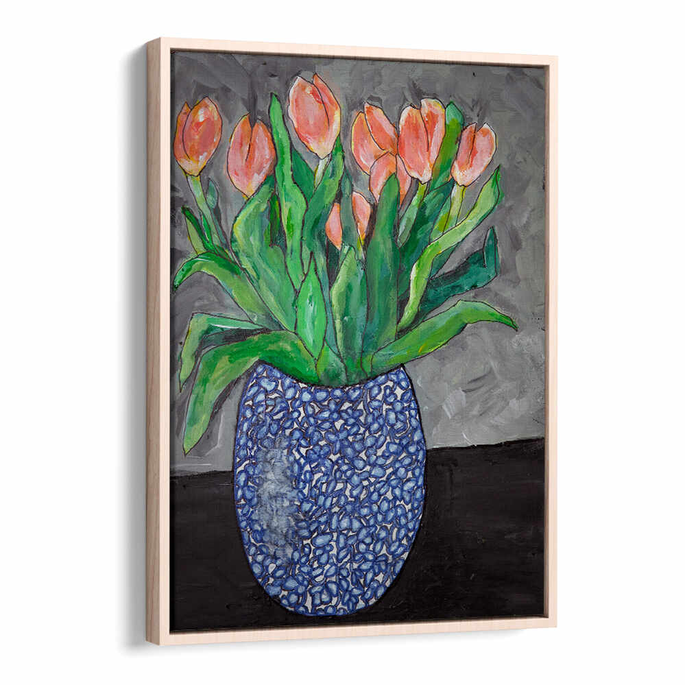 Vibrant tulips in a blue vase create a serene atmosphere in TULIPS IN BLUE VASE I, FLORAL FLOWER PAINTINGS.
