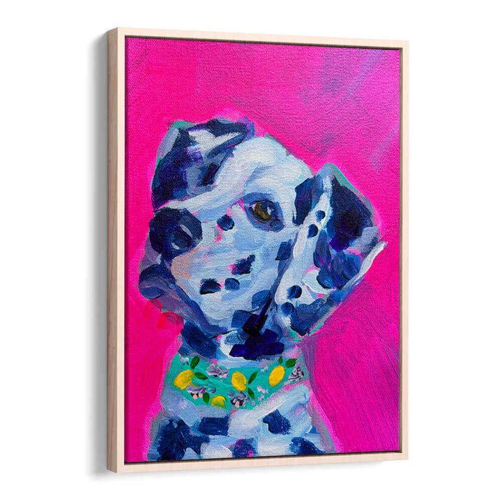 DALMATION , FASHION POSTERS — Oakwood vibrant Dalmatian portrait on hot pink background with green lemon-pattern collar