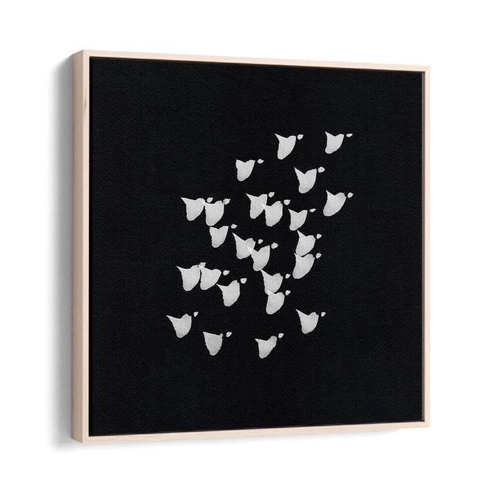 Dynamic BIRDS IN FLIGHT UPWARDS BW, ABSTRACT PAINTINGS, showcasing graceful birds against a bold black backdrop.