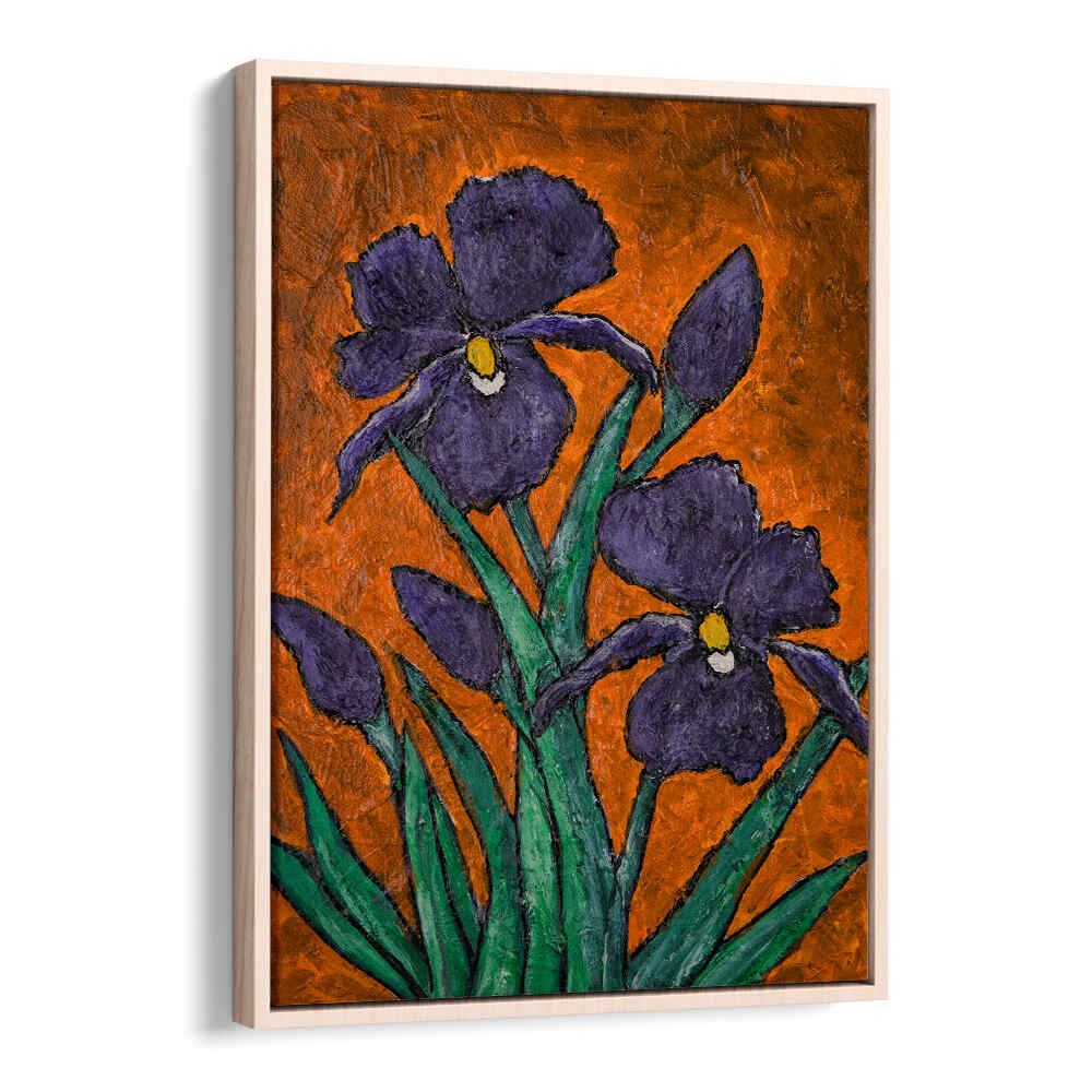 Vibrant IRISES III, FLORAL FLOWER PAINTINGS showcase purple irises against a rich orange background, perfect for any space.