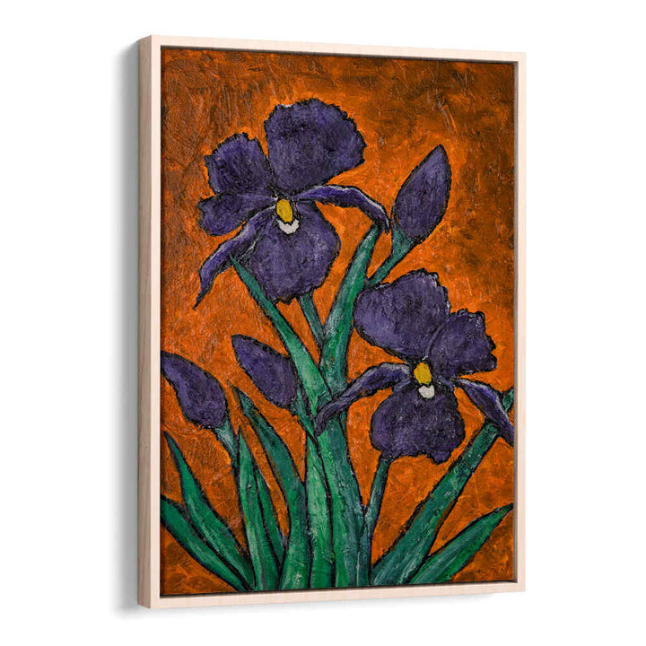 Vibrant IRISES III, FLORAL FLOWER PAINTINGS showcase purple irises against a rich orange background, perfect for any space.