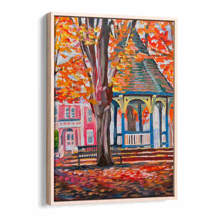 CORN HILL , LANDSCAPE PAINTINGS: autumn gazebo and Victorian house with bench beneath orange trees — Oakwood Studio