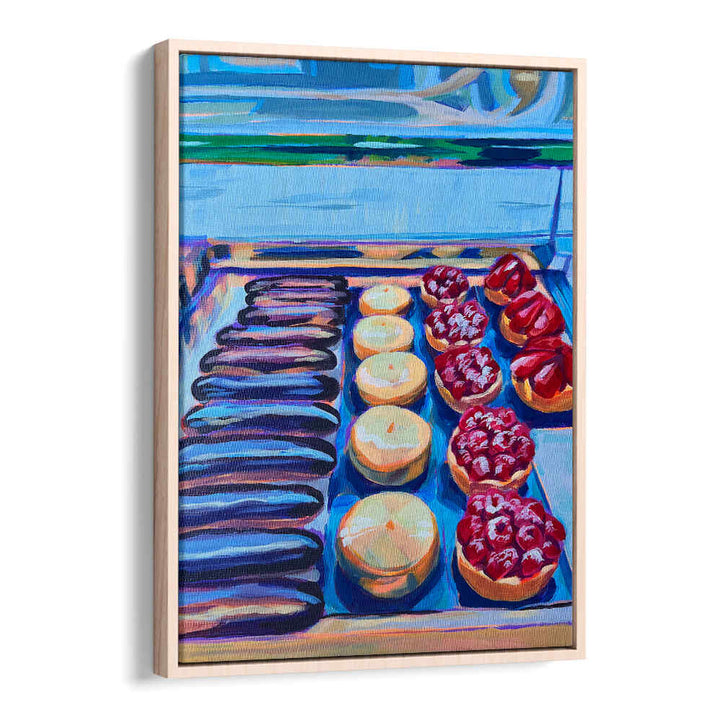 Oakwood framed PÂTISSERIE , KITCHEN POSTERS showing colorful painted pastry display with tarts and éclairs