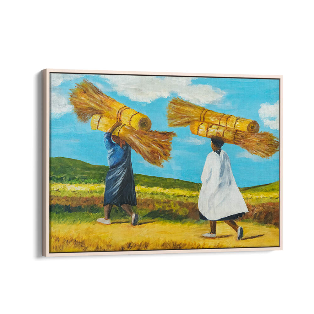 Two figures carry bundles of harvested wheat in a vibrant landscape, showcasing BALANCE, INDIAN ART PAINTINGS.