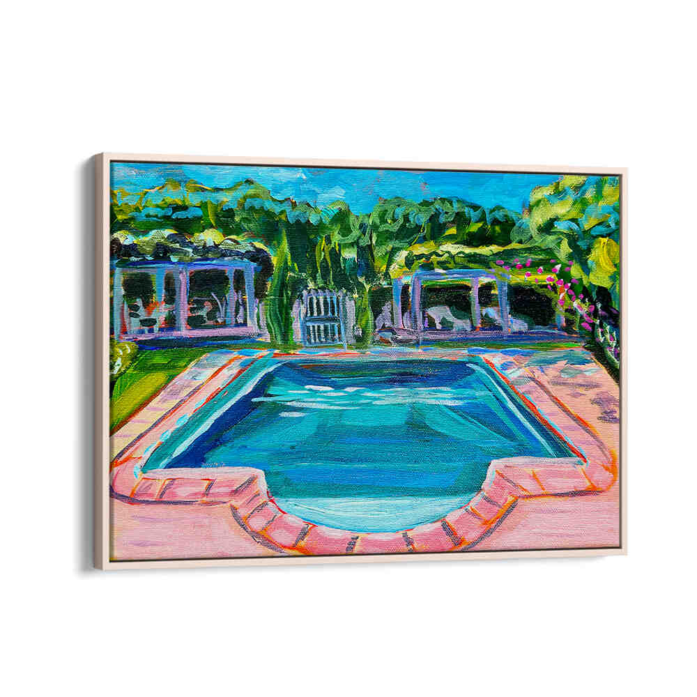 Sunlit château pool with classical architecture and reflections — POOL AT THE CHÂTEAU , LANDSCAPE PAINTINGS — Oakwood