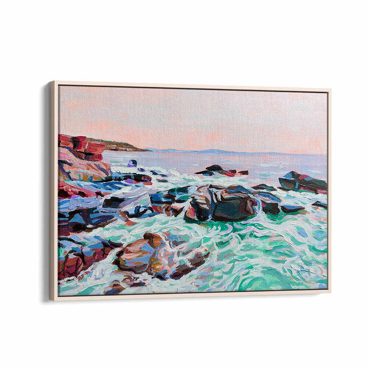 Oakwood THUNDER HOLE , BEACH PAINTINGS canvas: vibrant seascape with crashing waves, rocky shore and pastel sunset sky