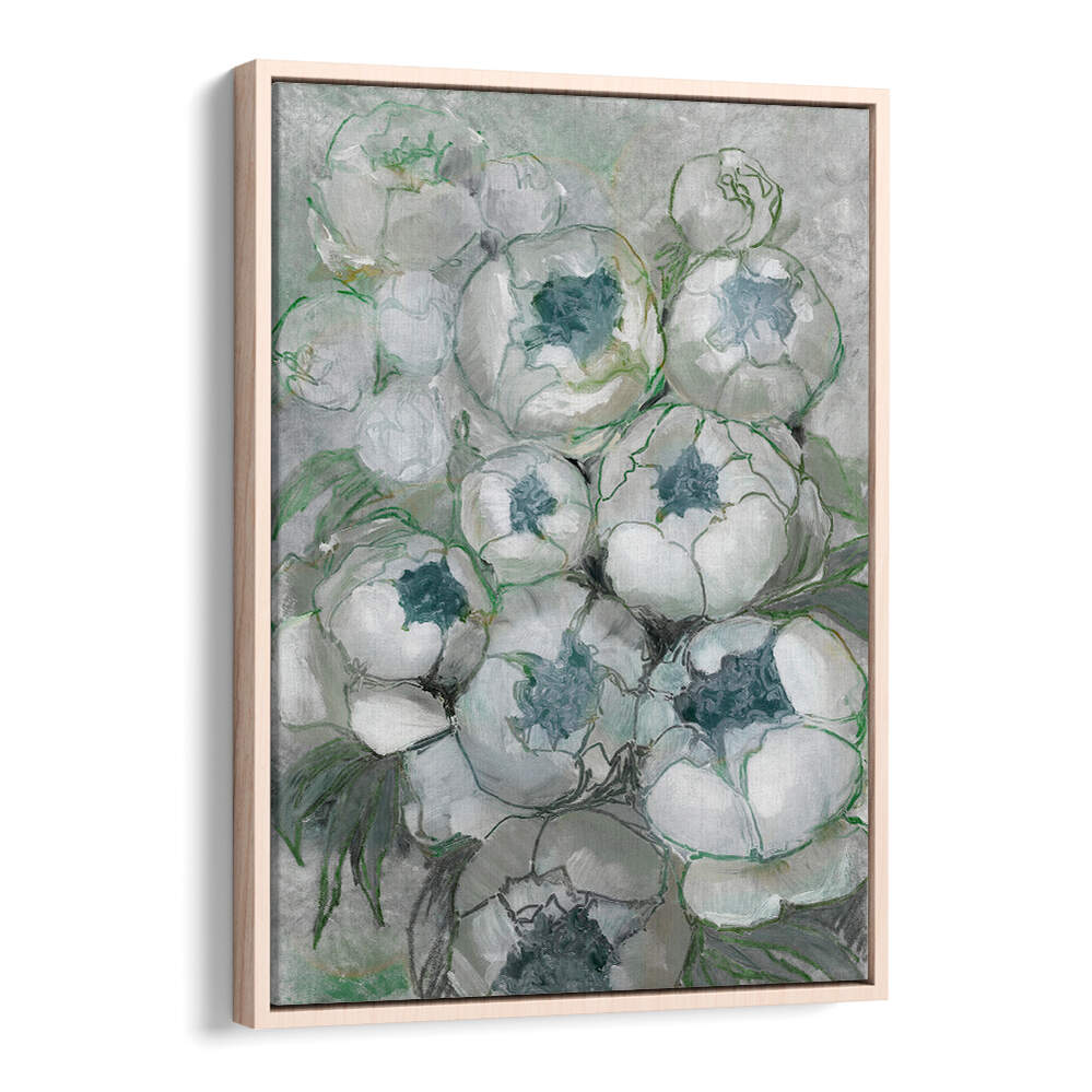 NURIA BOUQUET OF PEONIES IN TEAL AND GREEN , FLORAL FLOWER PAINTINGS