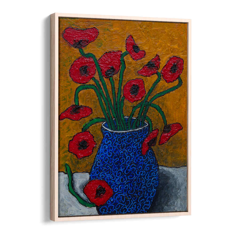 Vibrant POPPIES, FLORAL FLOWER PAINTINGS in a blue vase, perfect for elevating your space with artistic elegance.