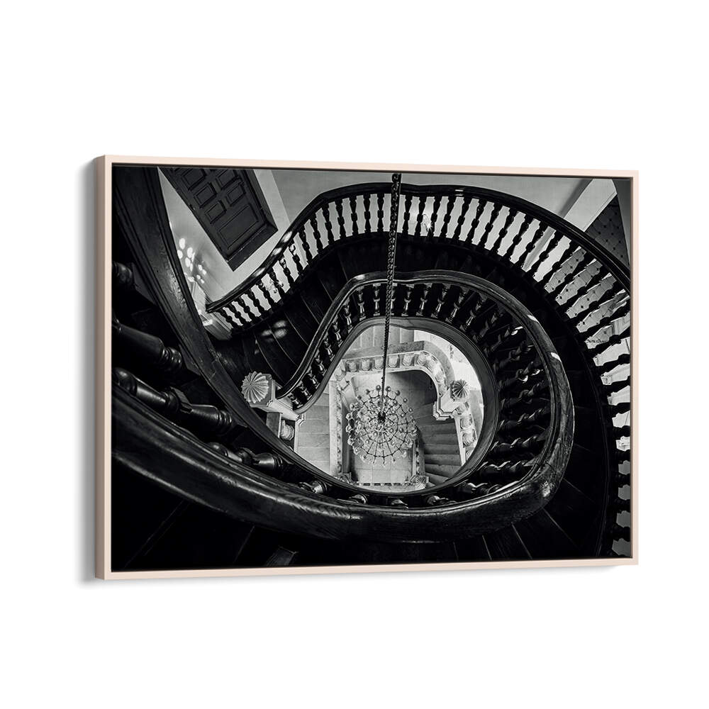 CHANDELIER AND STAIRS B&W , PHOTOGRAPHY PRINTS
