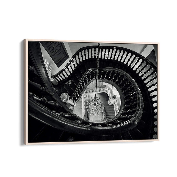 CHANDELIER AND STAIRS B&W , PHOTOGRAPHY PRINTS