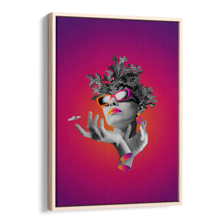 Surreal art print "LADY ON PINK" features a stylish woman with vibrant colors and unique details. Perfect for decor.