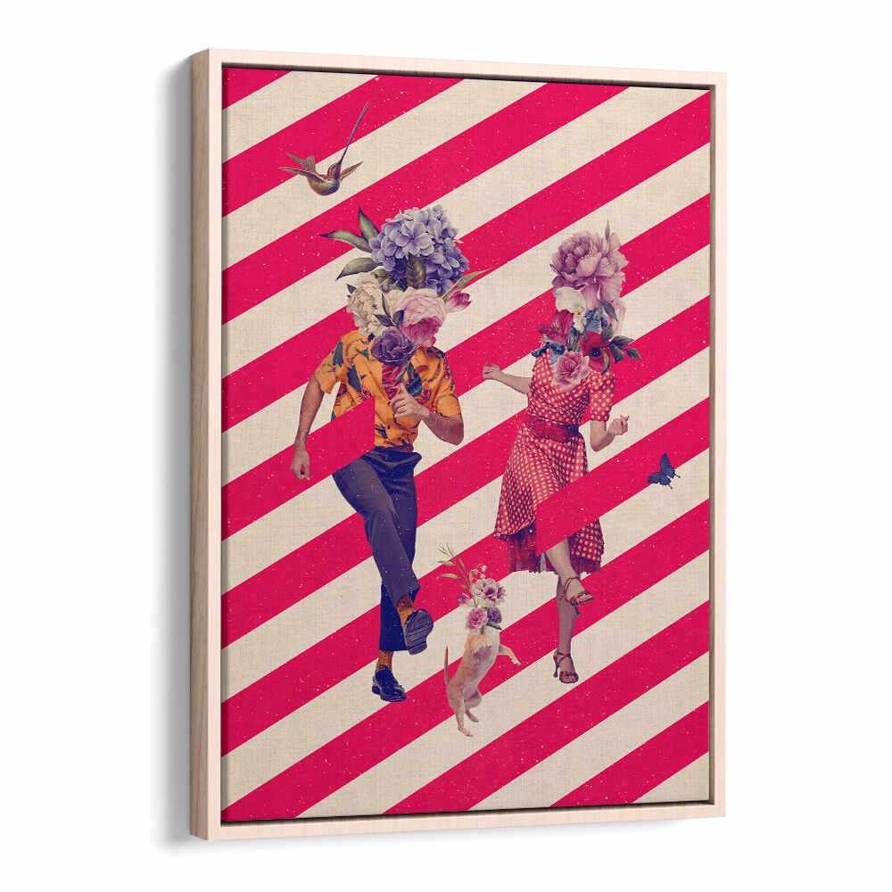Vibrant PARTY TIME, SURREAL ART PRINTS featuring playful figures and floral elements against bold stripes. Perfect for decor!