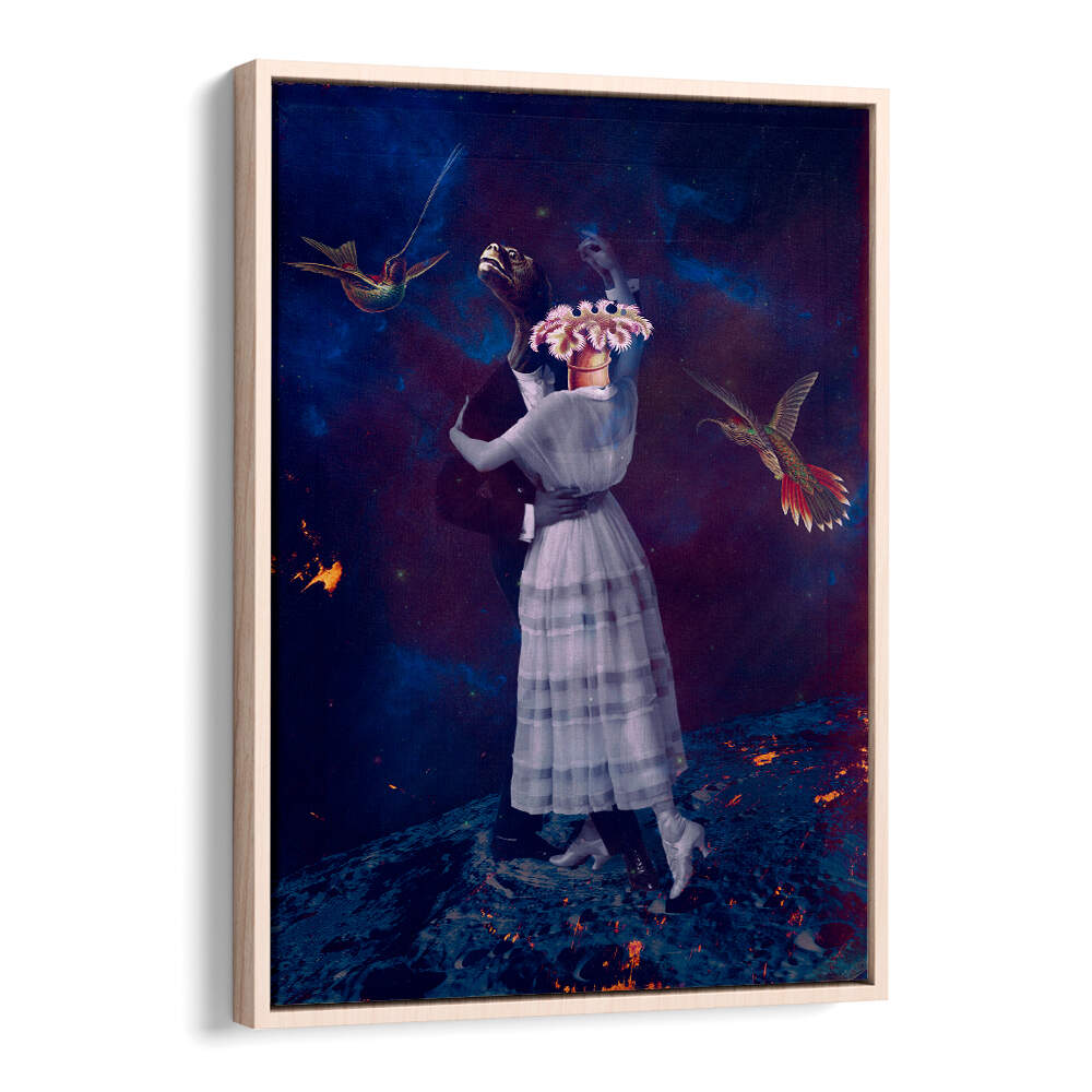 SLOW MOTION, SURREAL ART PRINTS showcase a whimsical couple and vibrant birds in a dreamlike setting.