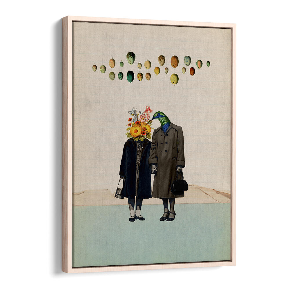 Surreal art print titled "SOULMATE", featuring whimsical figures with floral and avian elements. Ideal for unique decor.