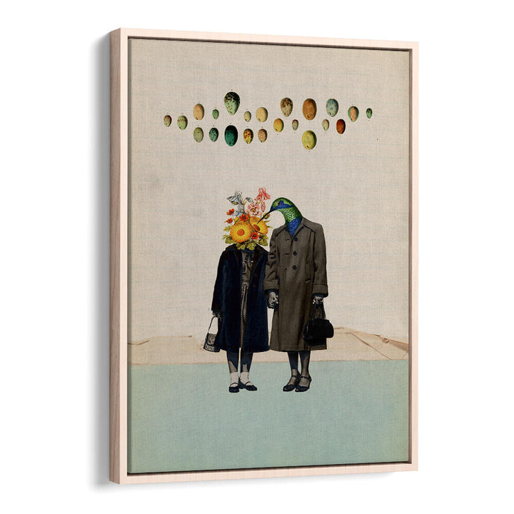 Surreal art print titled "SOULMATE", featuring whimsical figures with floral and avian elements. Ideal for unique decor.
