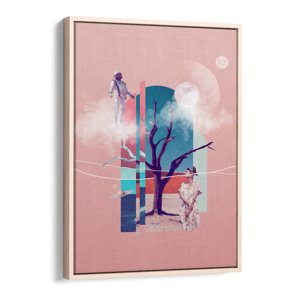 Surreal art print titled SPACE LOVE, featuring an astronaut and a dreamy landscape with vibrant colors.