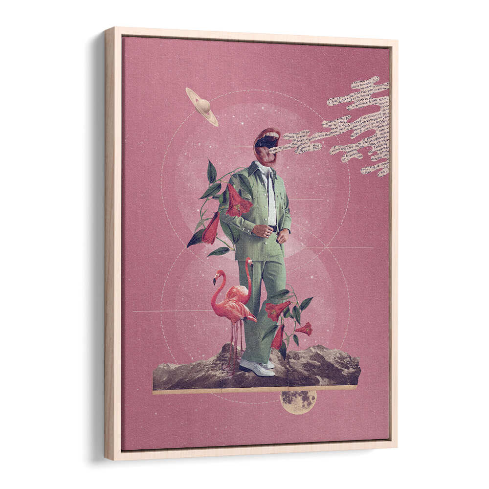 Surreal art print "TALK TO ME" featuring a figure with vibrant flora and flamingos, perfect for modern decor.