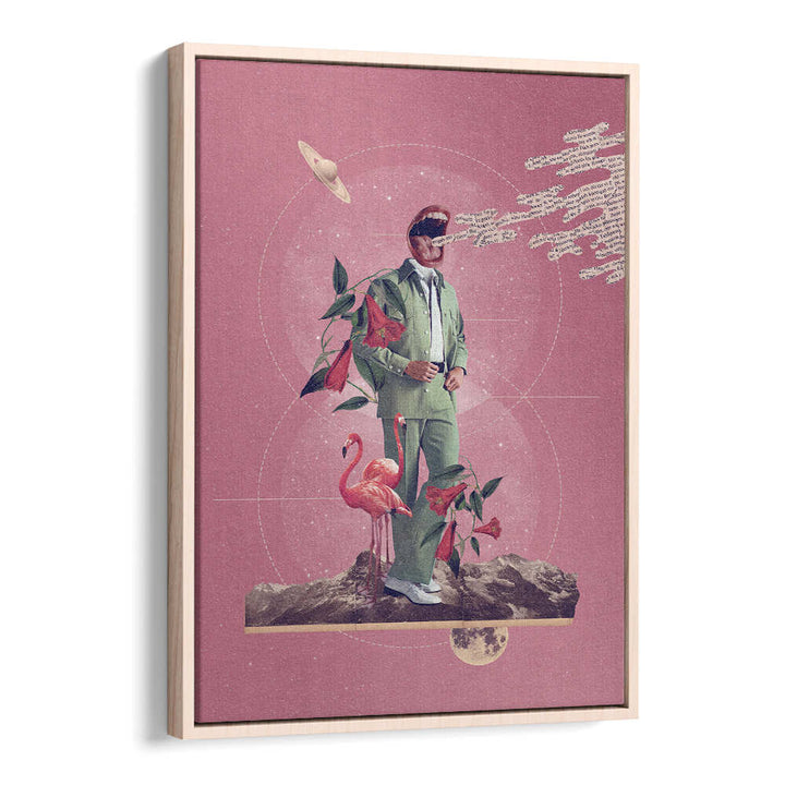Surreal art print "TALK TO ME" featuring a figure with vibrant flora and flamingos, perfect for modern decor.
