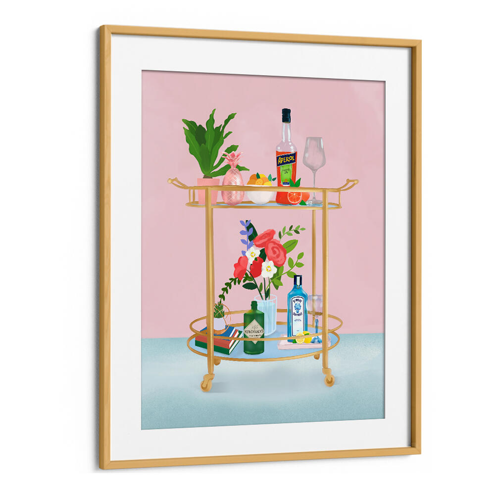 BAR CART , BAR & CAFE ART by OakwoodMount: gold bar cart with bottles and flowers.
