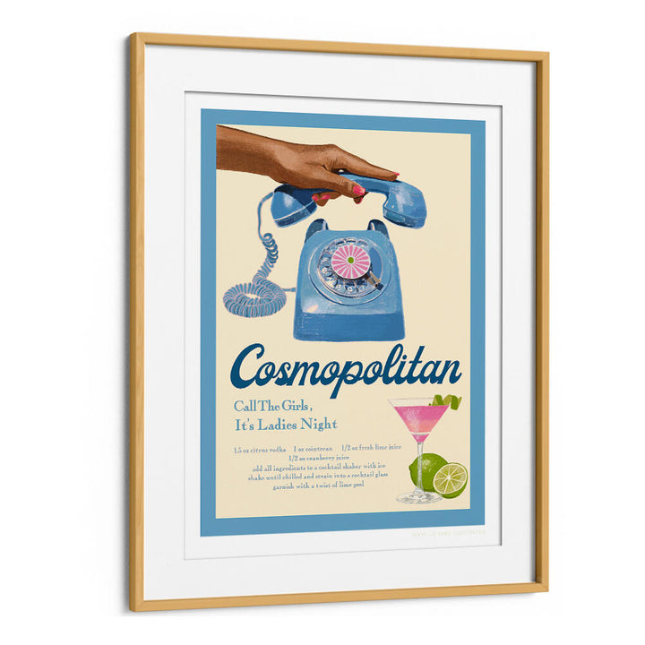 Retro BLUE COSMO, FASHION POSTERS featuring a vintage telephone and cocktail, perfect for stylish home decor.