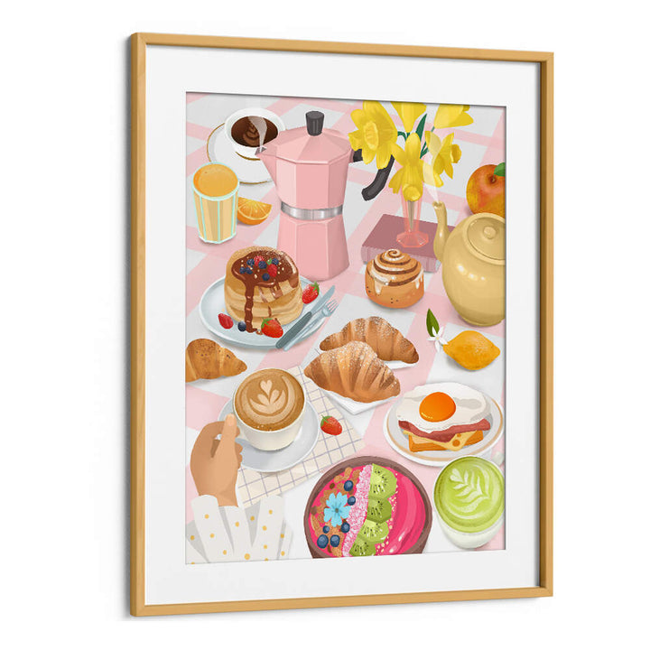 Oakwood Mount BREAKFAST kitchen posters: colorful breakfast table with pancakes, croissants, coffee.