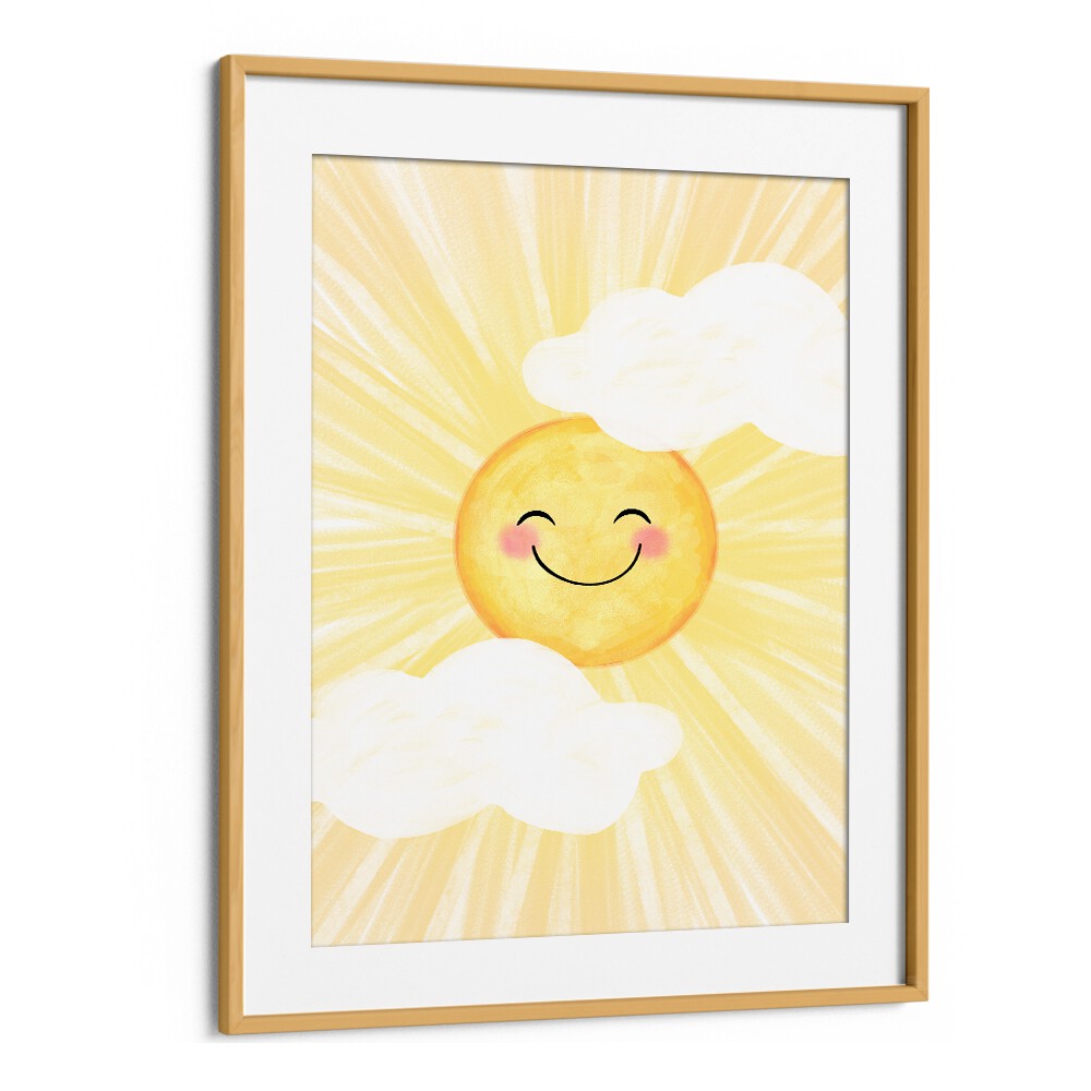 Bright sunny day kids room paintings featuring a cheerful sun and fluffy clouds, perfect for playful decor.