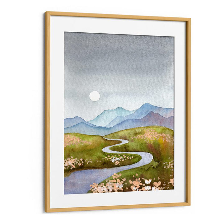 Serene BLUE GRAY HILLS landscape paintings featuring rolling hills and a winding river, perfect for home decor.