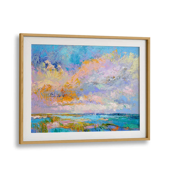 Oakwood Mount COLORFUL , LANDSCAPE PAINTINGS framed seascape with vibrant pastel sky, coastal marsh and brushwork
