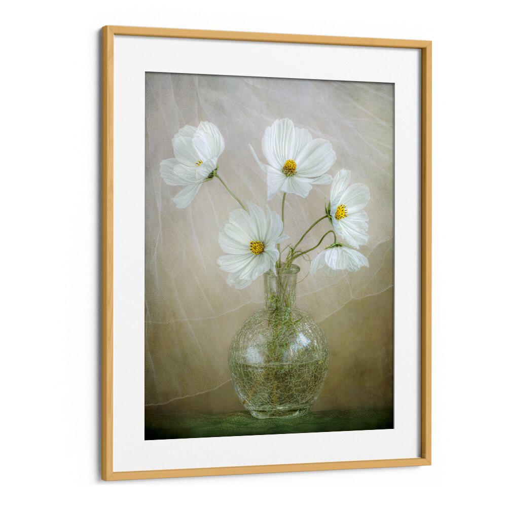 COSMOS BREEZE, FLORAL FLOWER PAINTINGS showcase elegant white flowers in a glass vase, perfect for refreshing decor.