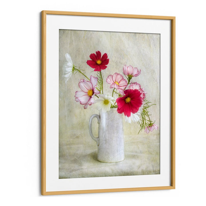 Vibrant COSMOS CARNIVAL, FLORAL FLOWER PAINTINGS featuring colorful blooms in a charming vase for delightful decor.