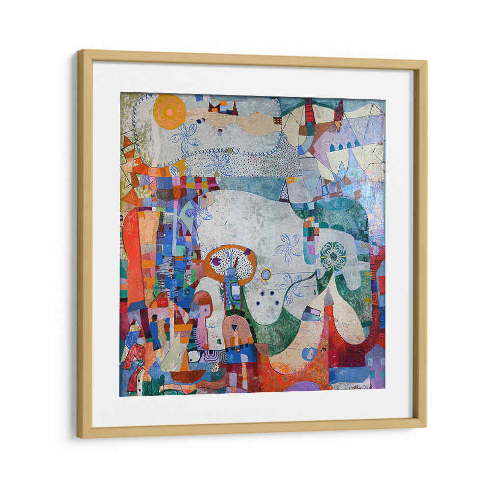 Oakwood Mount DISTANT VILLAGE , ABSTRACT PAINTINGS framed, layered earth tones and hazy village forms