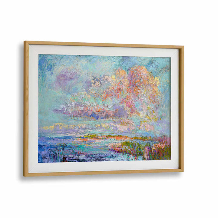 Oakwood Mount framed pastel seascape with textured clouds and marsh, DREAMSCAPE HUES , LANDSCAPE PAINTINGS