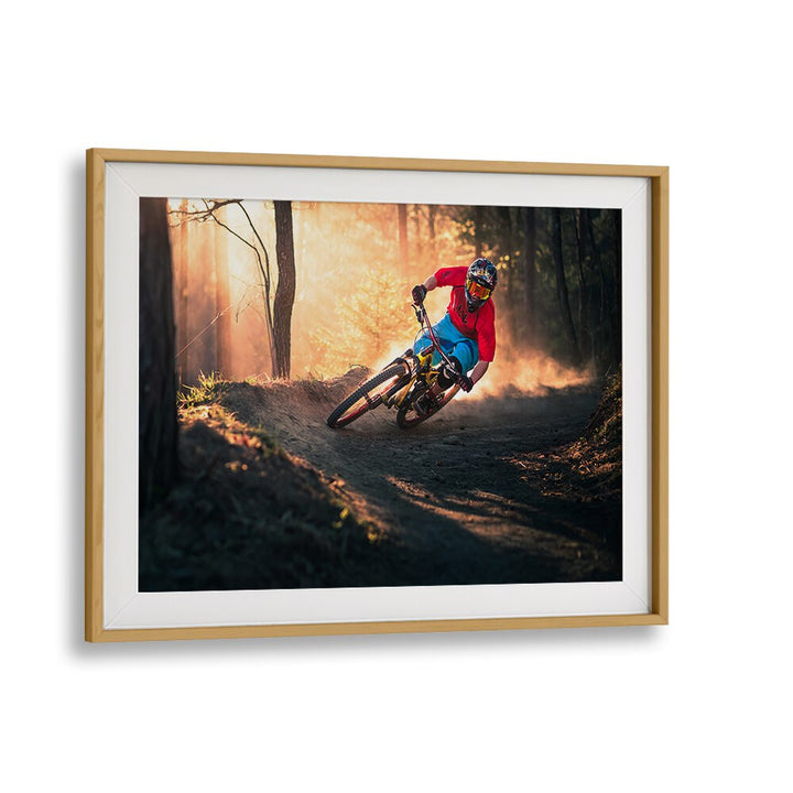 Dynamic mountain biker navigating the trail, featured in GOLDEN BERMED CORNER, PHOTOGRAPHY PRINTS by Oakwood Mount.
