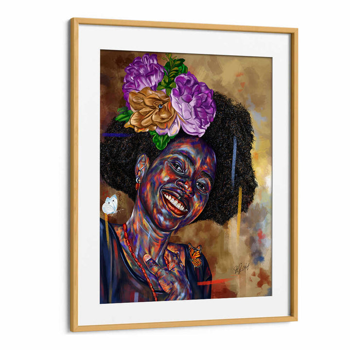 GOOD FEELINGS , PORTRAITS: Oakwood Mount colorful figurative portrait of a smiling woman with floral crown and butterflies