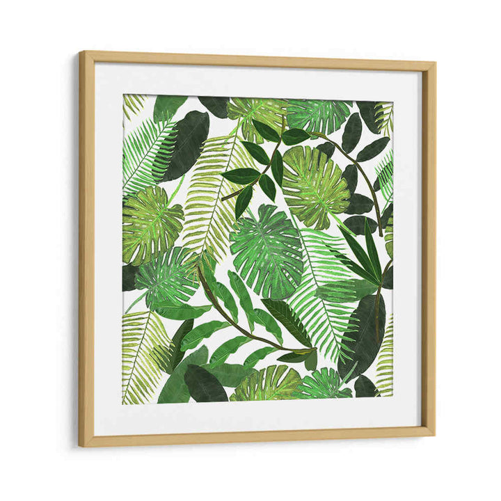 Oakwood Mount framed GREEN TROPICAL WATERCOLOR LEAVES , FLORAL FLOWER PAINTINGS featuring green palm and monstera leaves