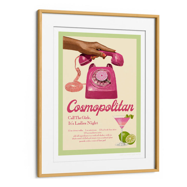 Colorful JLR COCKTAILS COSMOPOLITAN, FASHION POSTERS showcasing a retro phone and cocktail illustration. Perfect decor!