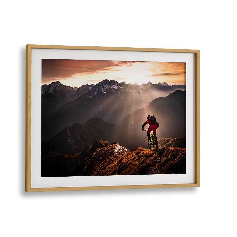 Mountain biker enjoying a stunning sunset view, featured in JUST RIDE, PHOTOGRAPHY PRINTS collection.