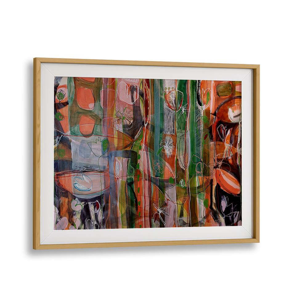 Bold abstract art piece, JARDIN TROPICAL I, showcasing vibrant earth tones, perfect for any space.