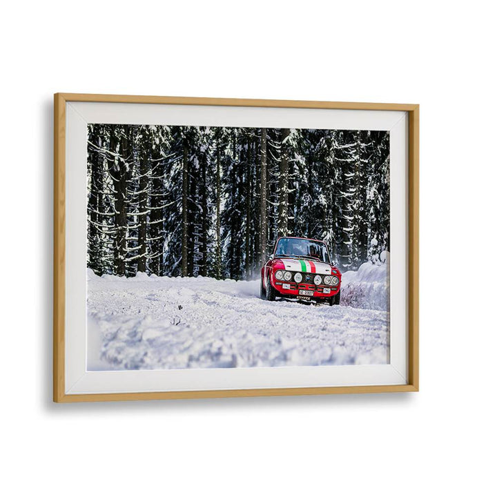 LANCIA FULVIA, PHOTOGRAPHY PRINTS showcasing the iconic car in a snowy forest setting, perfect for automotive enthusiasts.