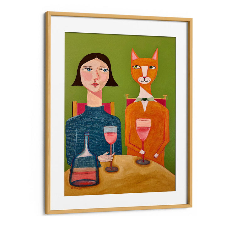 LADY AND CAT DRINKING WINE  , PORTRAITS & FIGURATIVE ILLUSTRATIONS