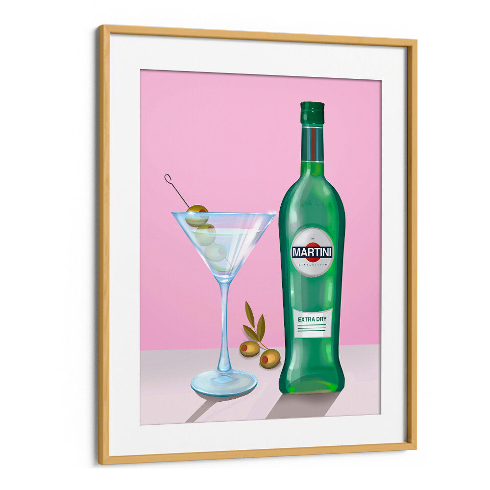 MARTINI COCKTAIL , BAR print by Oakwood Mount featuring a bottle and martini glass against pink backdrop.