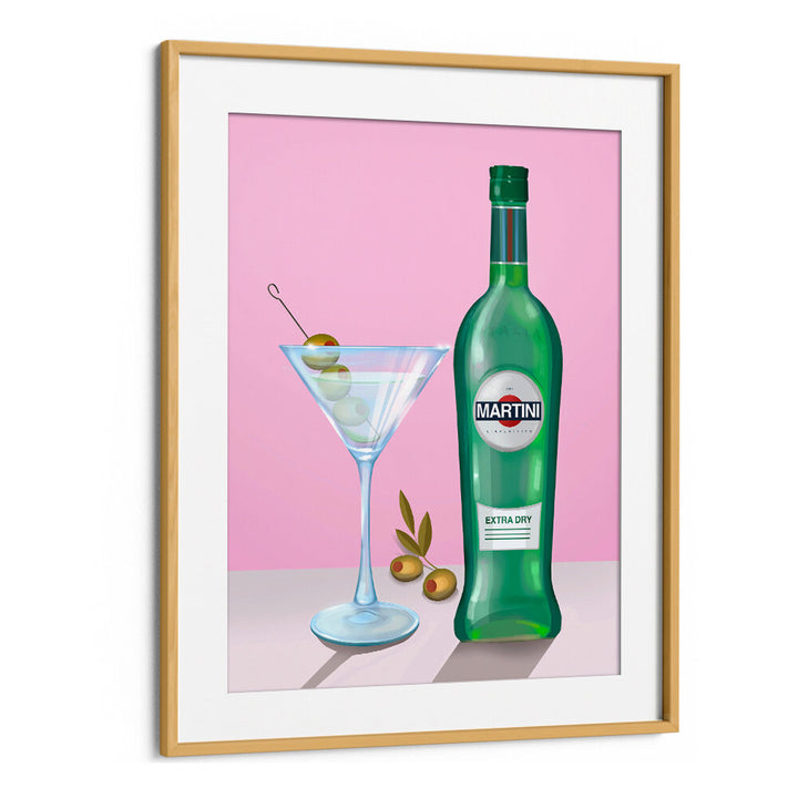 MARTINI COCKTAIL , BAR print by Oakwood Mount featuring a bottle and martini glass against pink backdrop.