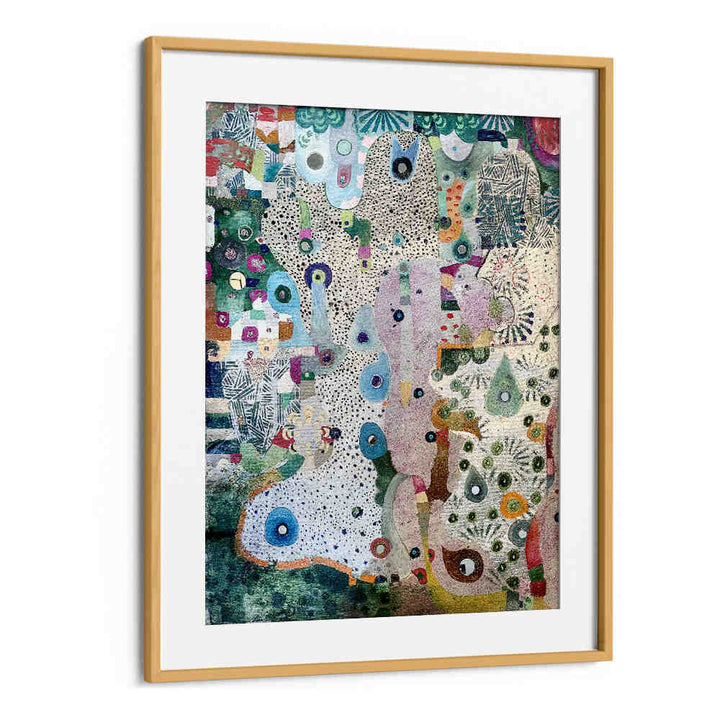 Oakwood Mount MIRRORS AND SPACE , ABSTRACT PAINTINGS - framed vibrant abstract with layered dots and organic shapes