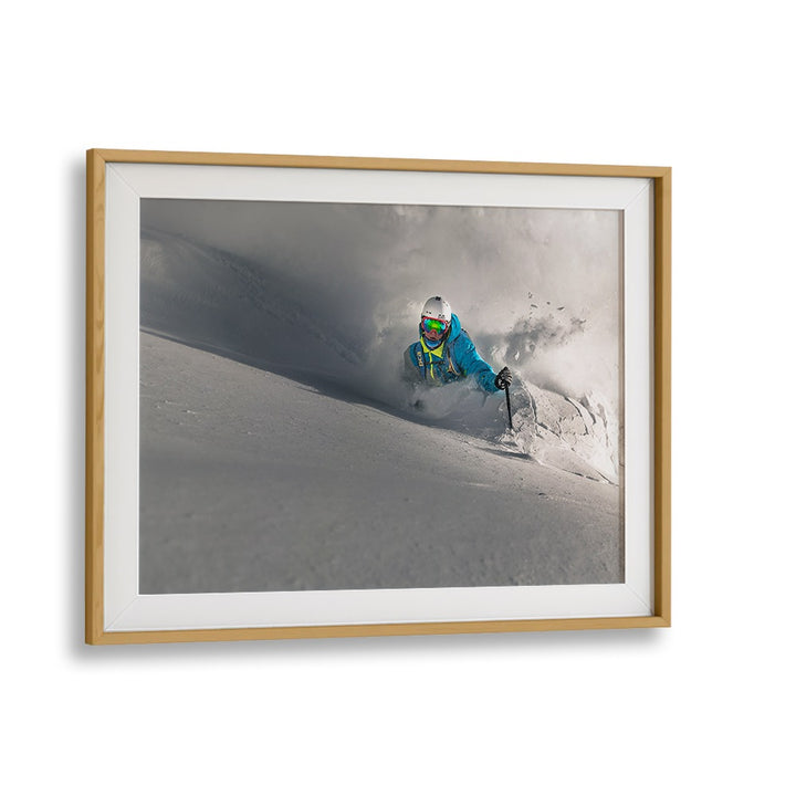 Dynamic skier carving through powder snow, showcased in POWDER EARTHQUAKE, PHOTOGRAPHY PRINTS collection.