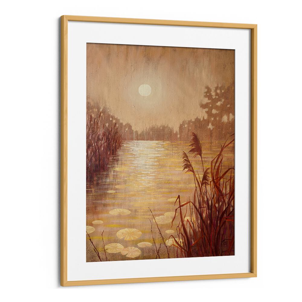Serene POND WITH REEDS AT SUNSET, LANDSCAPE PAINTINGS featuring warm hues, perfect for any home or office decor.