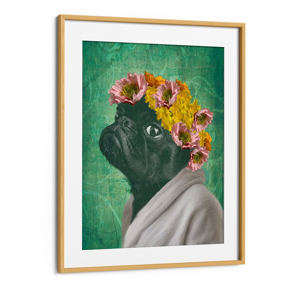 Charming PUG PORTRAIT, FASHION POSTERS featuring a flower-crowned pug, perfect for dog lovers' decor.