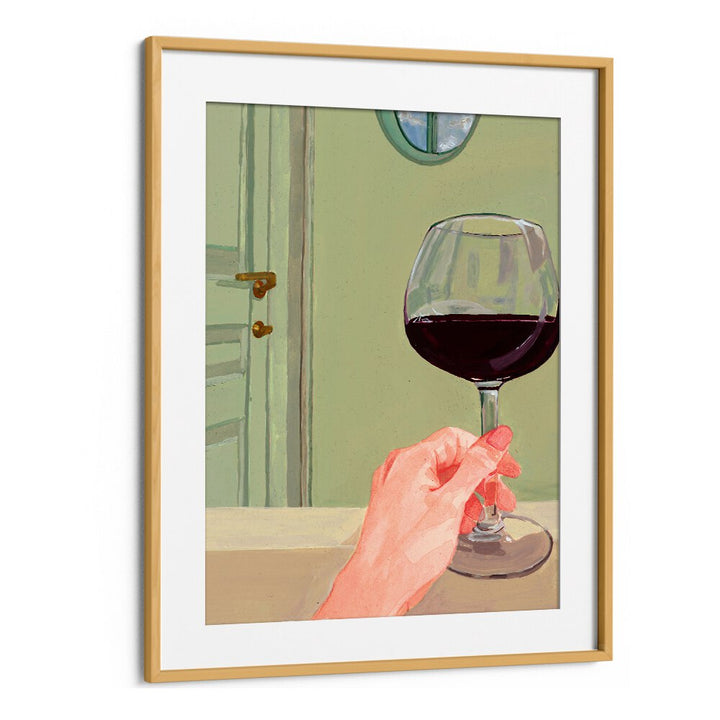 Elegant artwork featuring a hand holding a glass of red wine, perfect for enhancing your QUALITY TIME, BAR experience.