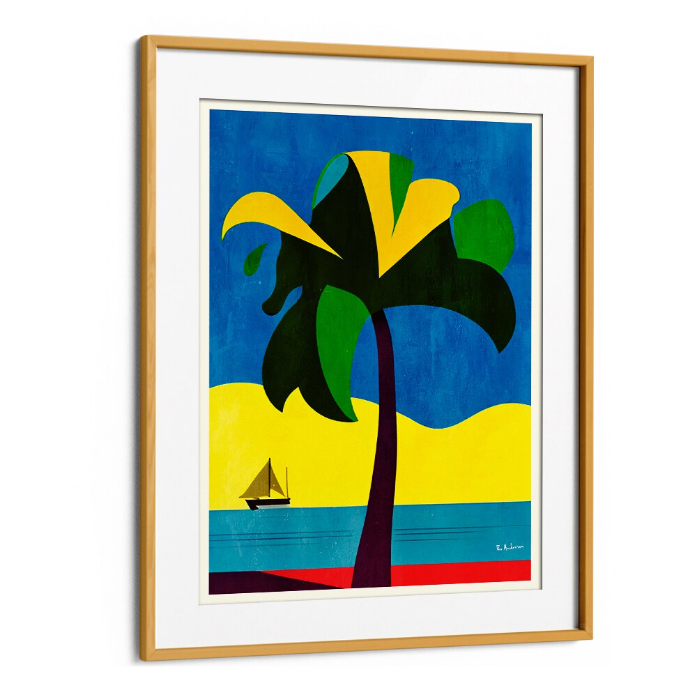 Vibrant PLAYA DEL CARMEN, BEACH PAINTINGS featuring a tropical scene with a palm tree and sailboat, perfect for coastal decor.