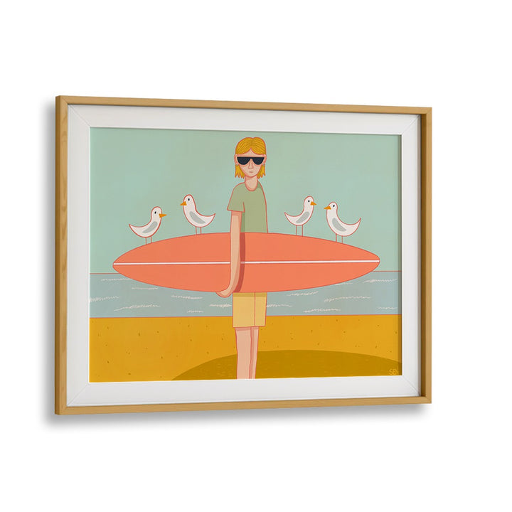 Colorful SEAGULL SURF CREW, BEACH PAINTINGS showcase a surfer and seagulls, perfect for coastal decor lovers.